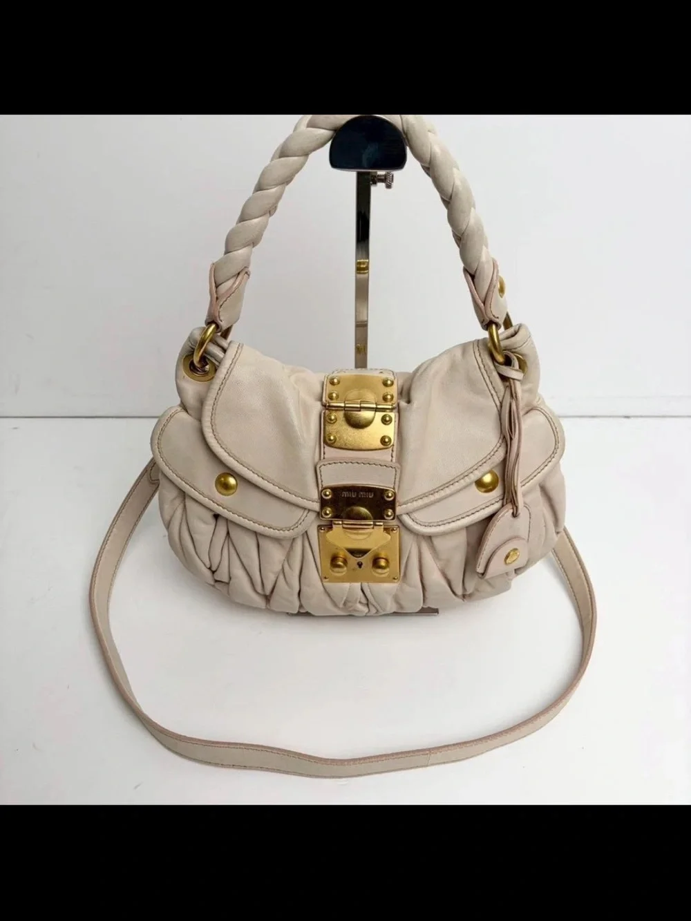 Miu Miu Ivory Leather Braided-Handle Shoulder Bag with Gold Hardware